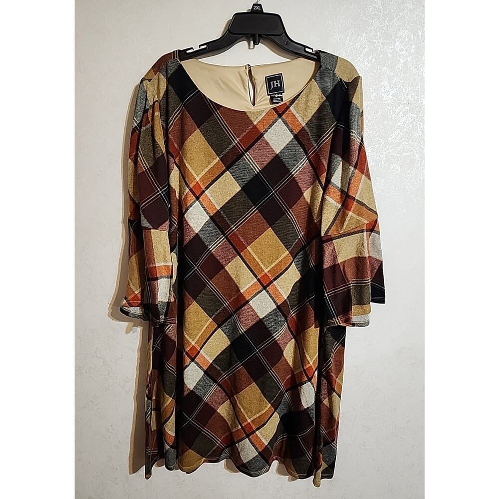JH Brown Womens Plaid Flannel Dress 3X Reds Browns Lined 3/4 Bell Sleeve